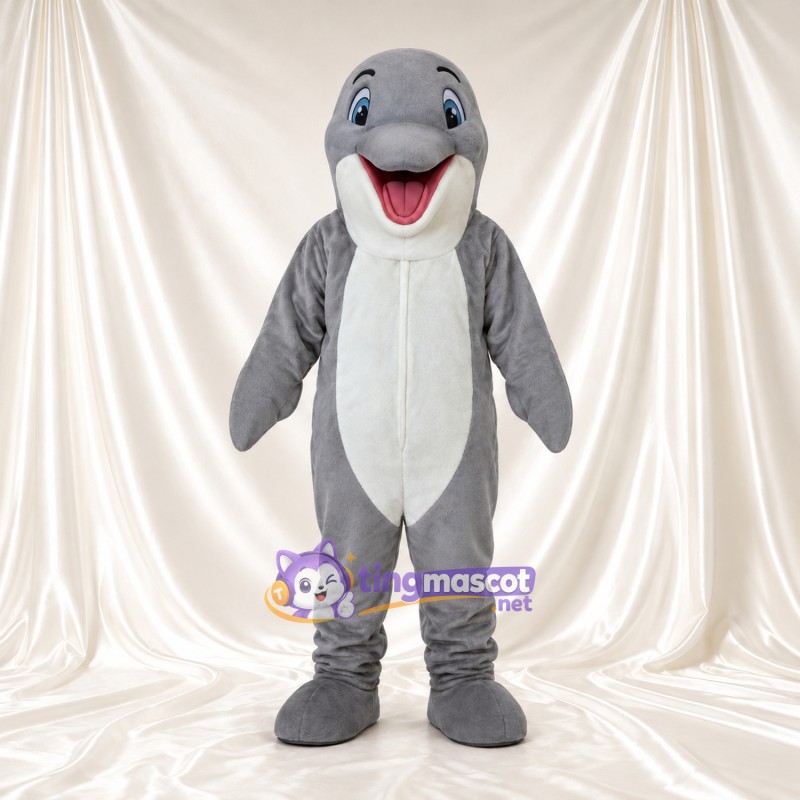 Maskottchenkostüm Delfin – grau – Bauch (weiß); Mund (offen, rosa) Maskottchenkostüm Delfin – grau – Bauch (weiß); Mund (offen, rosa)