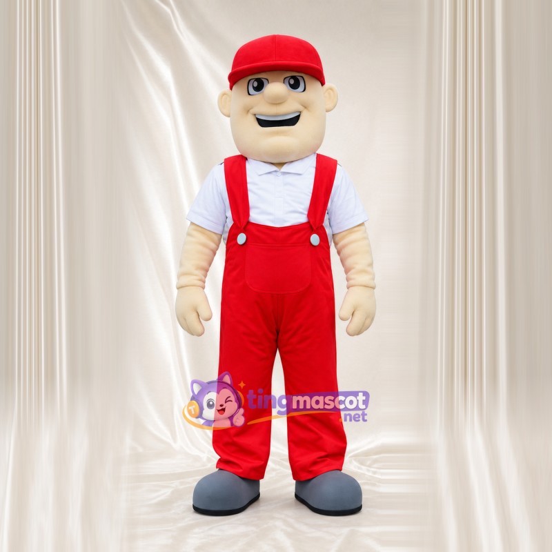 Maskottchenkostüm Arbeiter – wie abgebildet – Latzhose (rot); Kappe Maskottchenkostüm Arbeiter – wie abgebildet – Latzhose (rot); Kappe