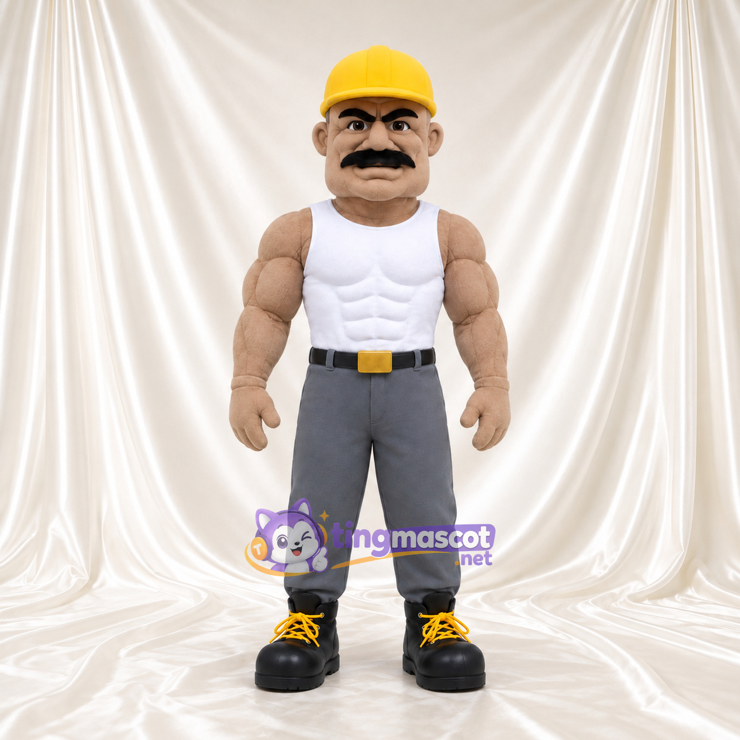 Construction Worker Mascot Costume - Yellow Hard Hat and White Tank Top Construction Worker Mascot Costume - Yellow Hard Hat and White Tank Top