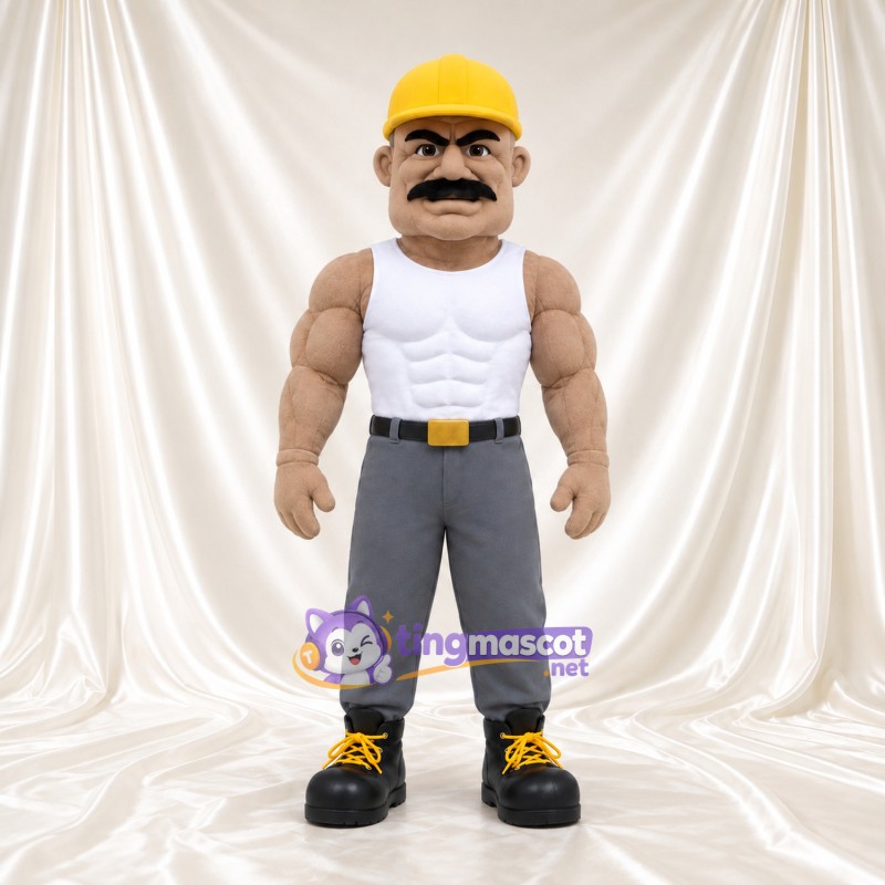 Construction Worker Mascot Costume - Yellow Hard Hat and White Tank Top Construction Worker Mascot Costume - Yellow Hard Hat and White Tank Top