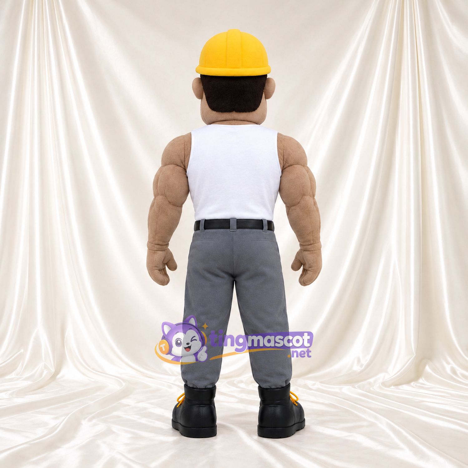Construction Worker Mascot Costume - Yellow Hard Hat and White Tank Top Construction Worker Mascot Costume - Yellow Hard Hat and White Tank Top