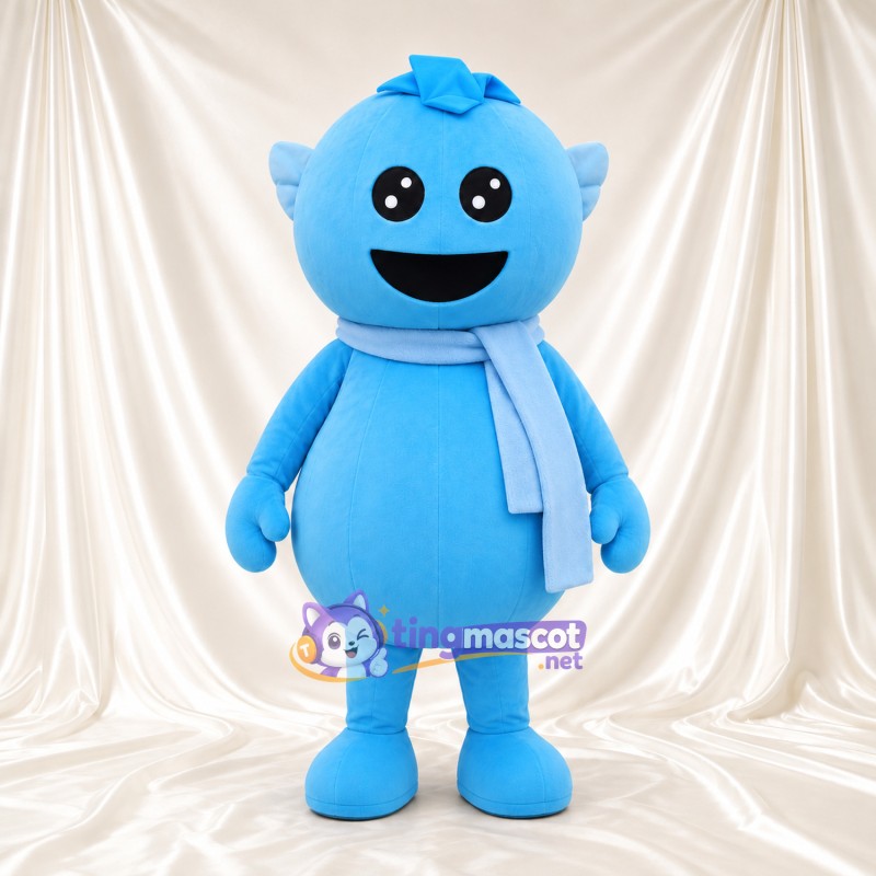 Costume de mascotte Personnage rond – bleu – Écharpe (bleu clair); Ailes (petit) Costume de mascotte Personnage rond – bleu – Écharpe (bleu clair); Ailes (petit)