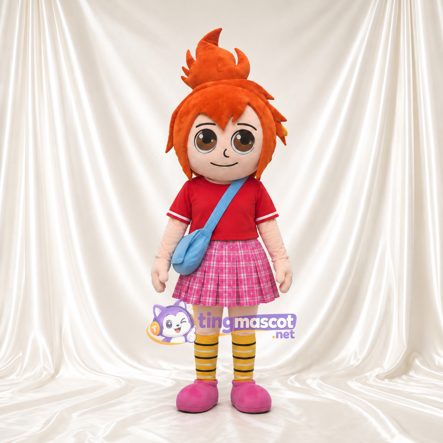 Costume de mascotte Fille – orange – Chemise (rouge); Jupe (rose, écossais)