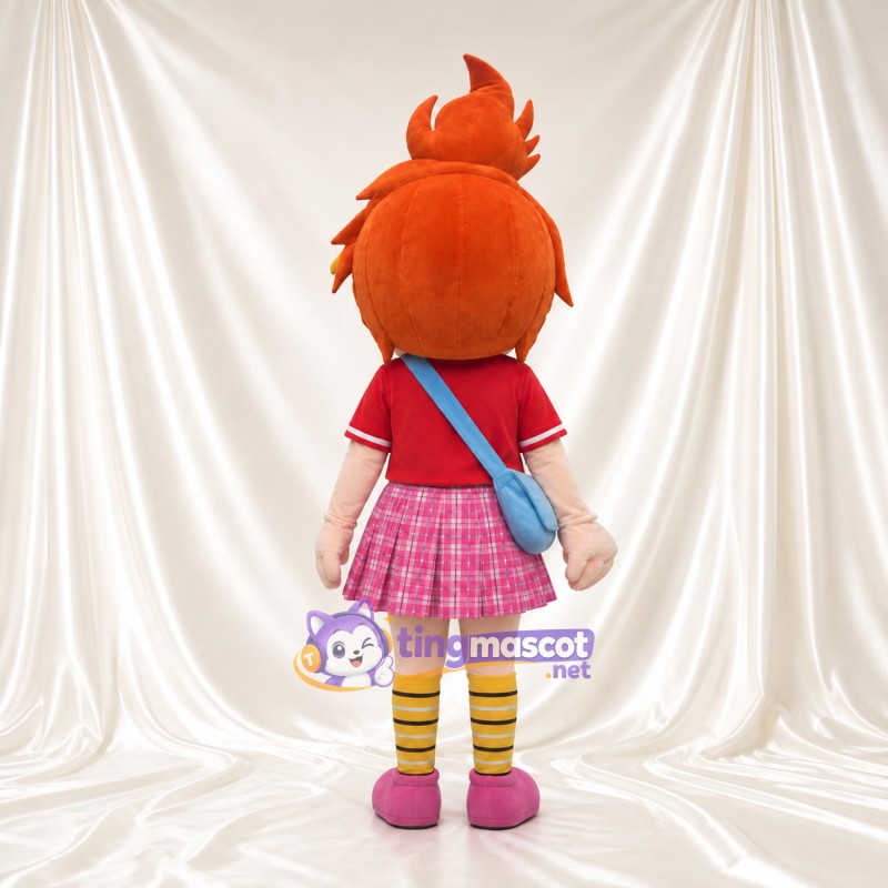 Costume de mascotte Fille – orange – Chemise (rouge); Jupe (rose, écossais)