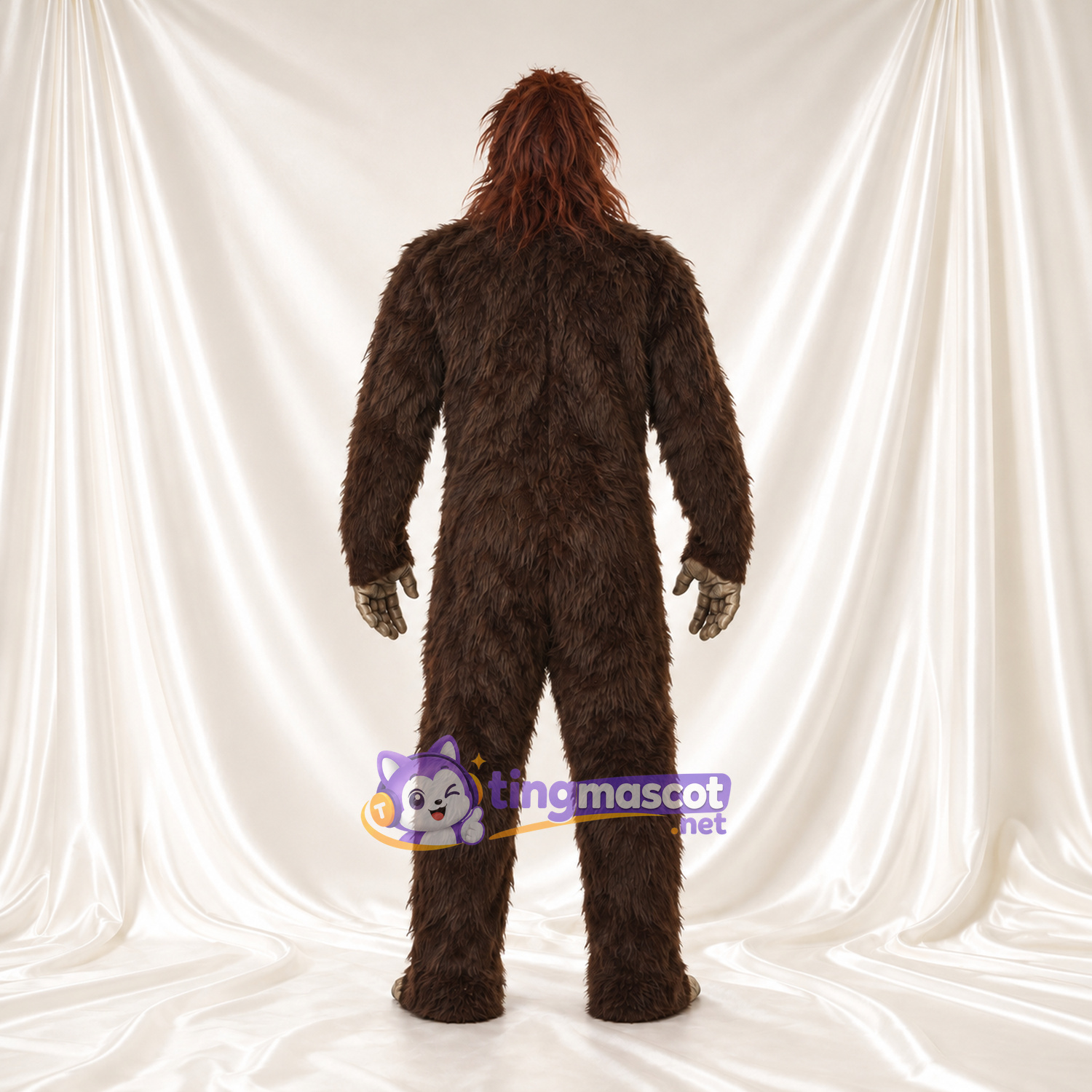 Costume de mascotte Bigfoot – marron – Fourrure hirsute (long); Visage (gris) Costume de mascotte Bigfoot – marron – Fourrure hirsute (long); Visage (gris)