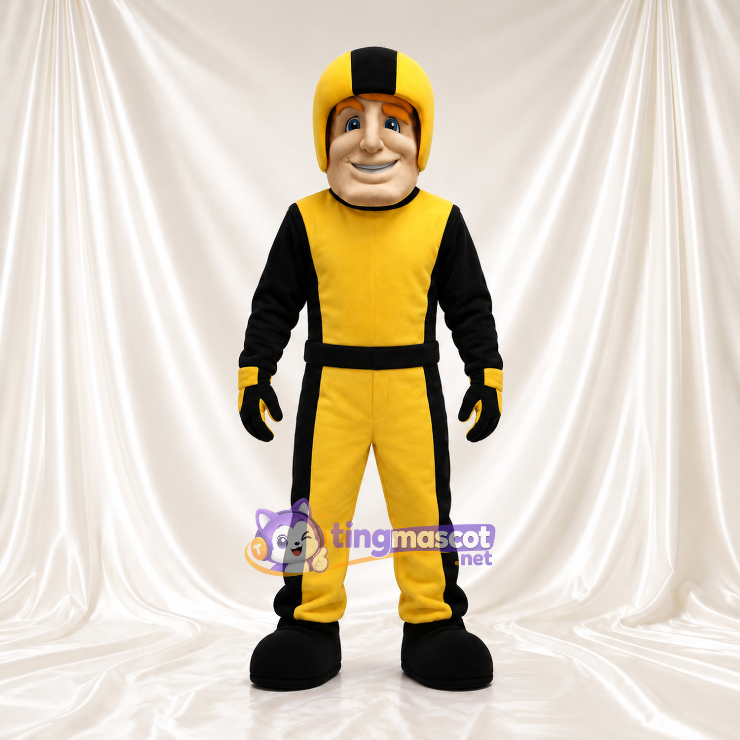 Athlete Character Mascot Costume - Yellow Helmet and Black-Yellow Uniform Athlete Character Mascot Costume - Yellow Helmet and Black-Yellow Uniform