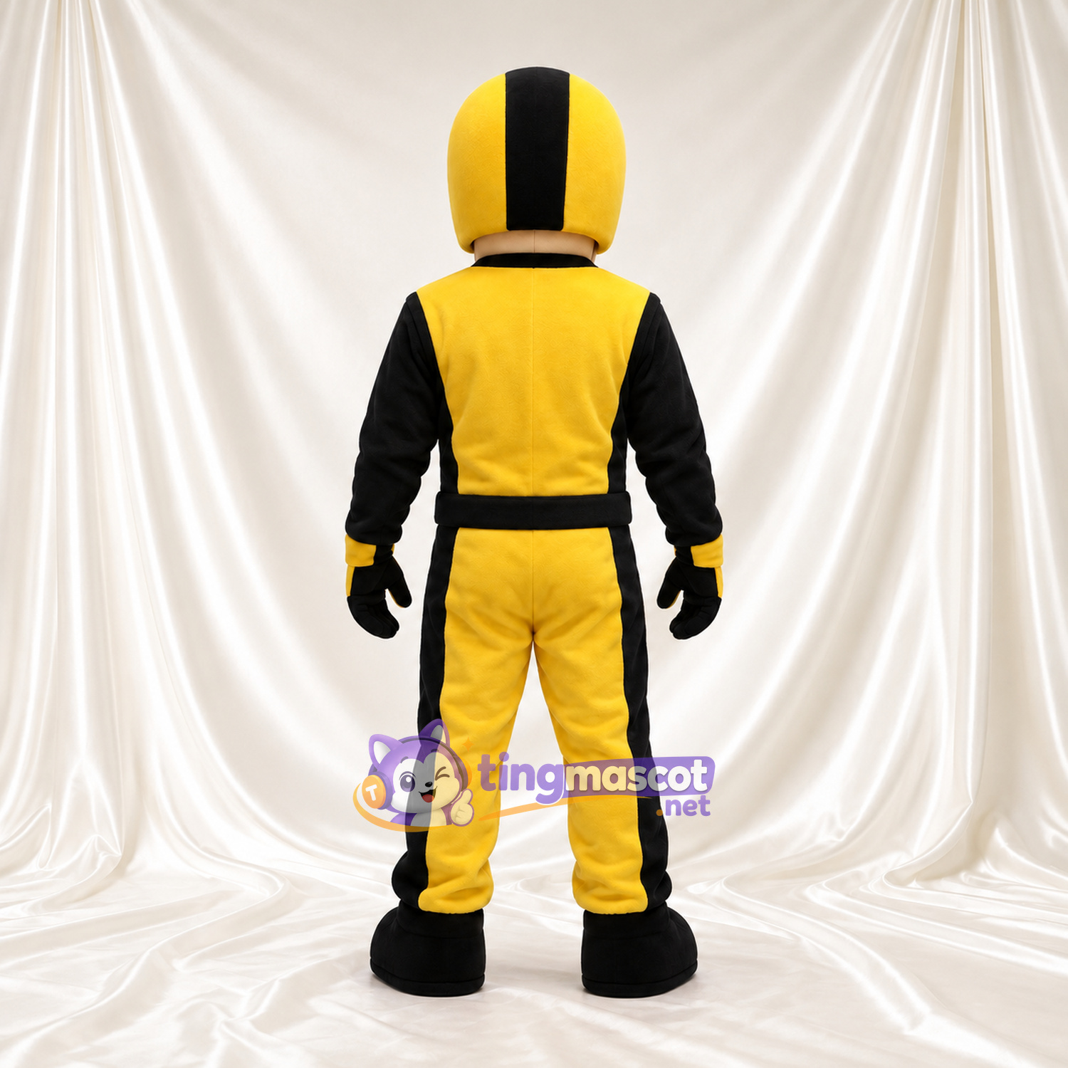 Athlete Character Mascot Costume - Yellow Helmet and Black-Yellow Uniform Athlete Character Mascot Costume - Yellow Helmet and Black-Yellow Uniform