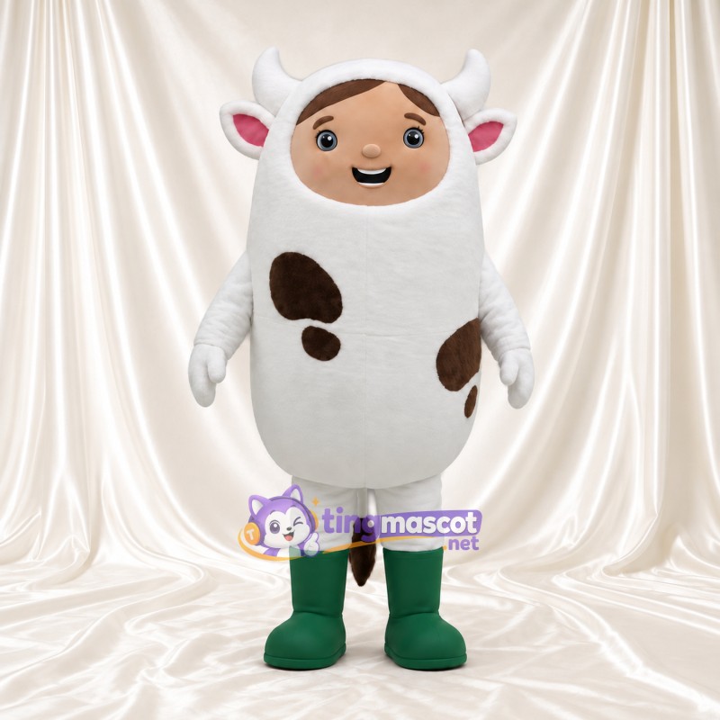 Costume de mascotte personnage en tenue de vache – corps blanc tacheté et bottes vertes Costume de mascotte personnage en tenue de vache – corps blanc tacheté et bottes vertes