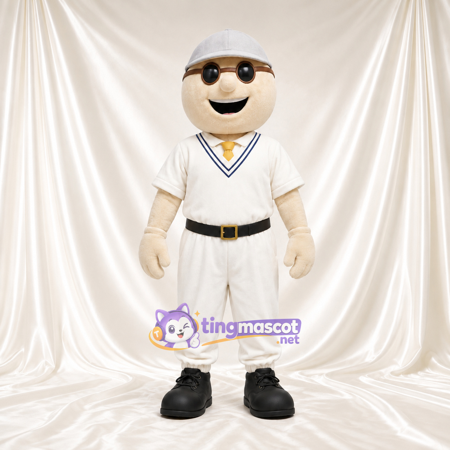 Cricketspieler-Maskottchenkostüm – weiße Uniform und graue Kappe Cricketspieler-Maskottchenkostüm – weiße Uniform und graue Kappe