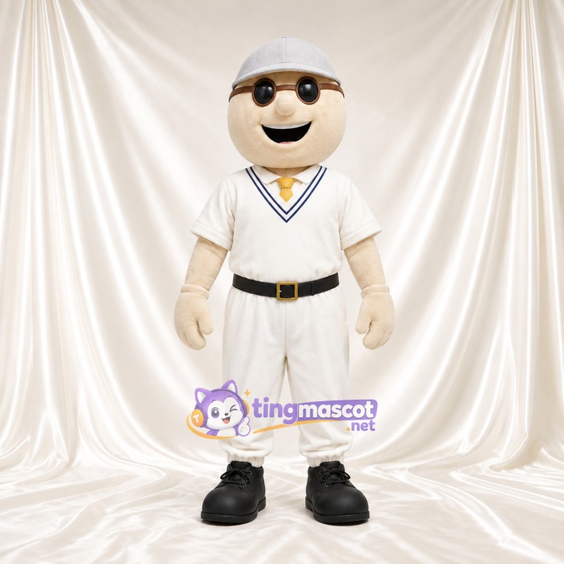 Cricketspieler-Maskottchenkostüm – weiße Uniform und graue Kappe Cricketspieler-Maskottchenkostüm – weiße Uniform und graue Kappe