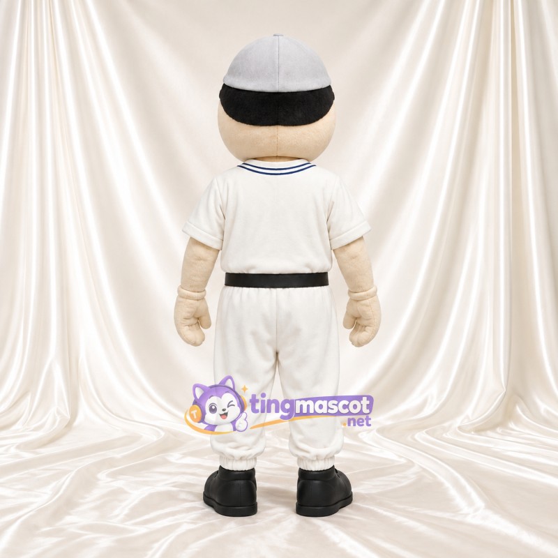 Cricketspieler-Maskottchenkostüm – weiße Uniform und graue Kappe Cricketspieler-Maskottchenkostüm – weiße Uniform und graue Kappe