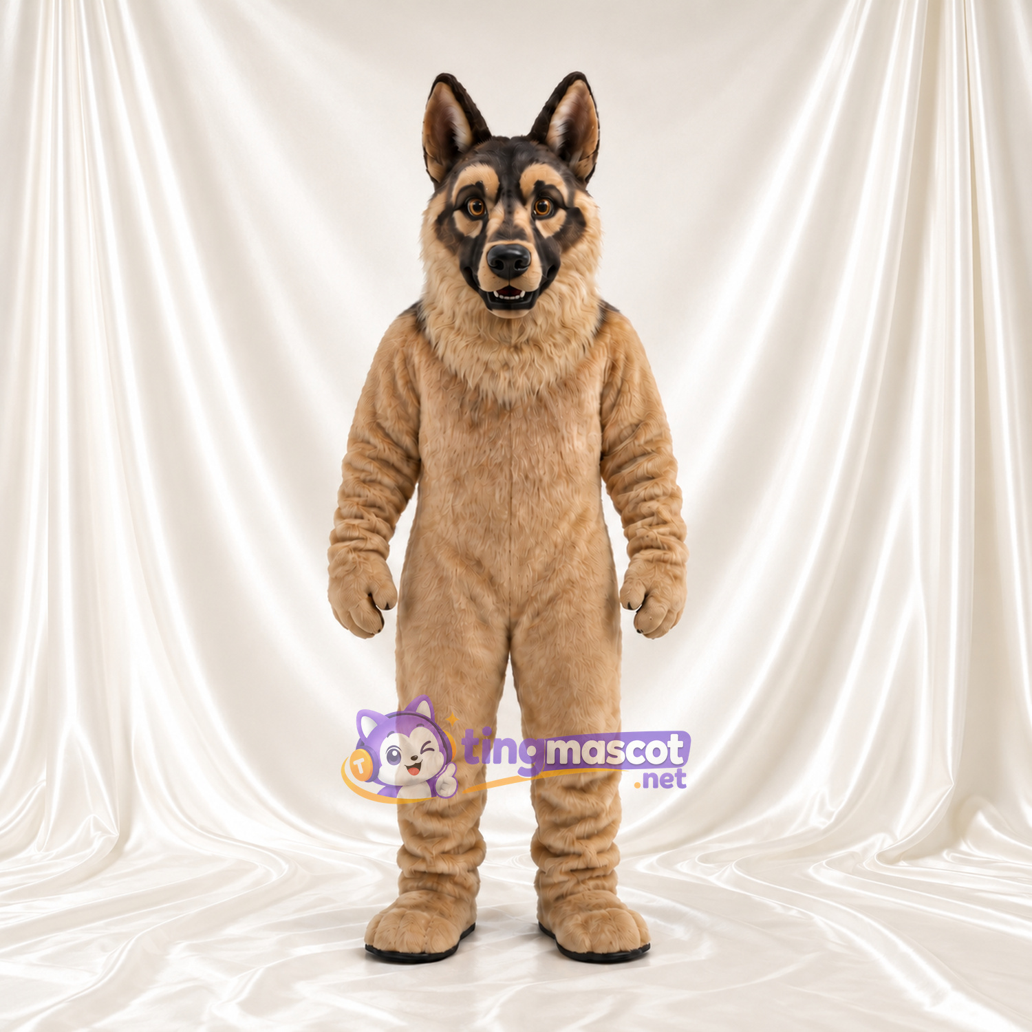 Maskottchenkostüm Deutscher Schäferhund – wie abgebildet – Körper (hellbraun); Schnauze (schwarz) Maskottchenkostüm Deutscher Schäferhund – wie abgebildet – Körper (hellbraun); Schnauze (schwarz)