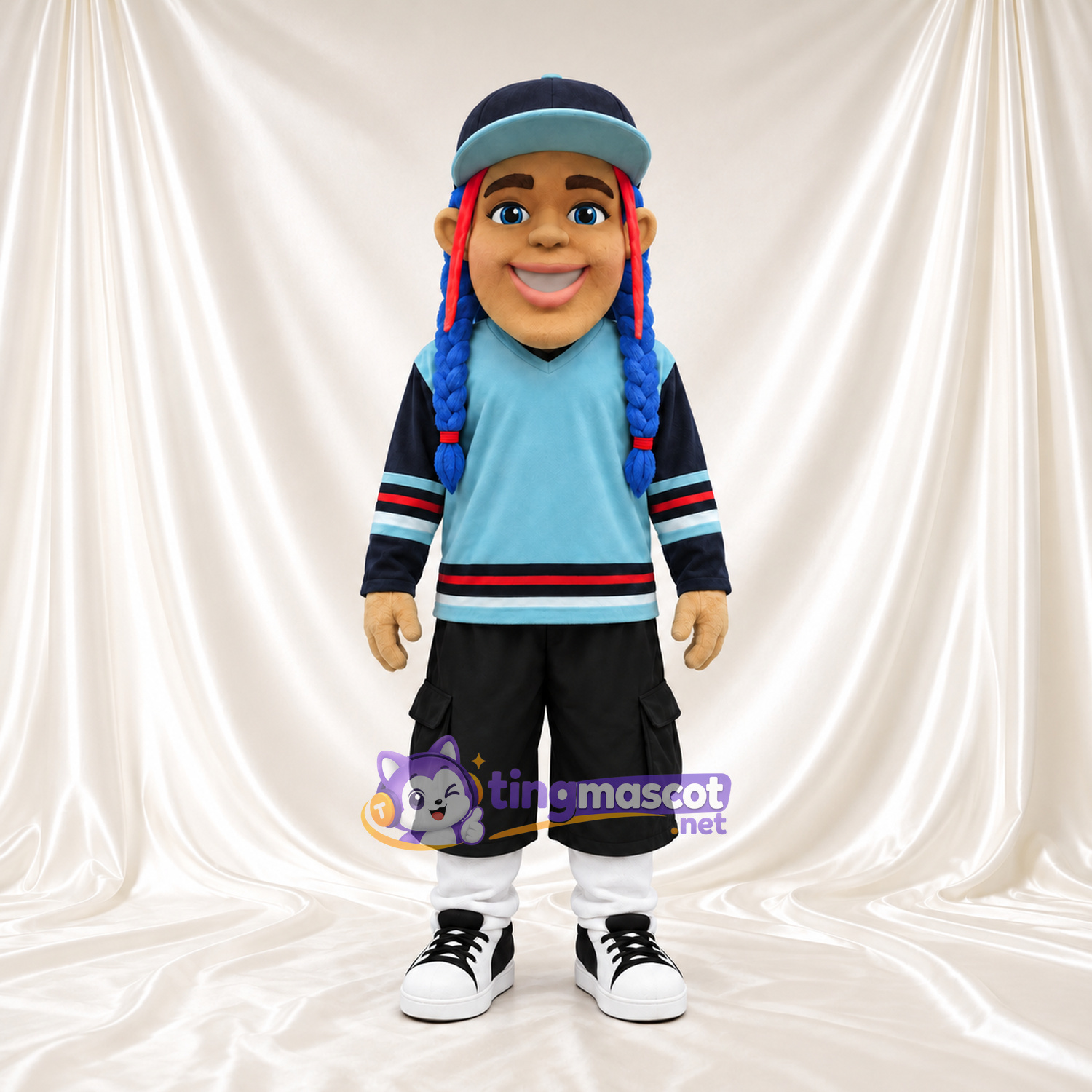 Boy Character Mascot Costume - Blue Braids and Black Cargo Shorts Boy Character Mascot Costume - Blue Braids and Black Cargo Shorts