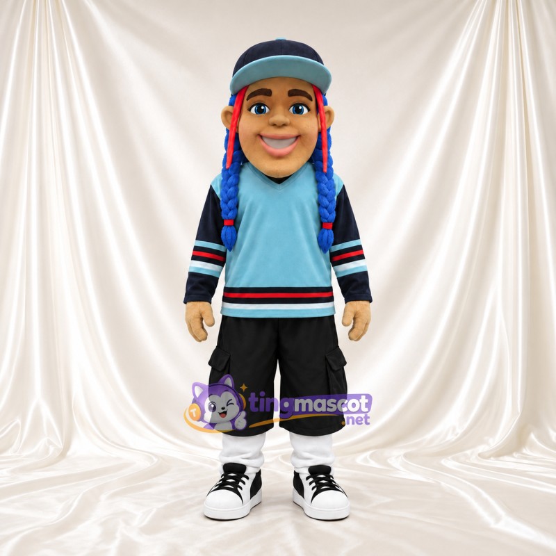 Boy Character Mascot Costume - Blue Braids and Black Cargo Shorts Boy Character Mascot Costume - Blue Braids and Black Cargo Shorts