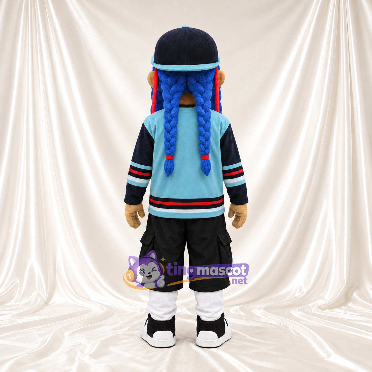 Boy Character Mascot Costume - Blue Braids and Black Cargo Shorts Boy Character Mascot Costume - Blue Braids and Black Cargo Shorts