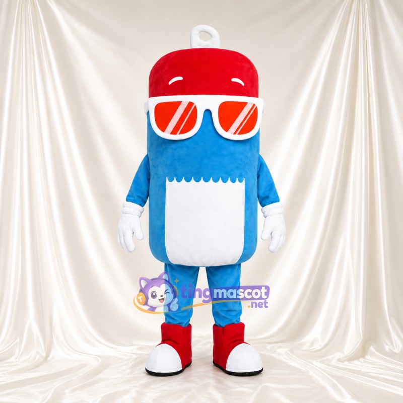 Costume de mascotte Canette de boisson – bleu – Casquette (rouge); Lunettes de soleil (orange) Costume de mascotte Canette de boisson – bleu – Casquette (rouge); Lunettes de soleil (orange)