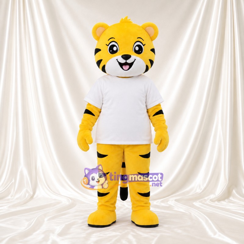 Costume de mascotte Tigre – jaune – T-shirt (blanc); Rayures (noir)