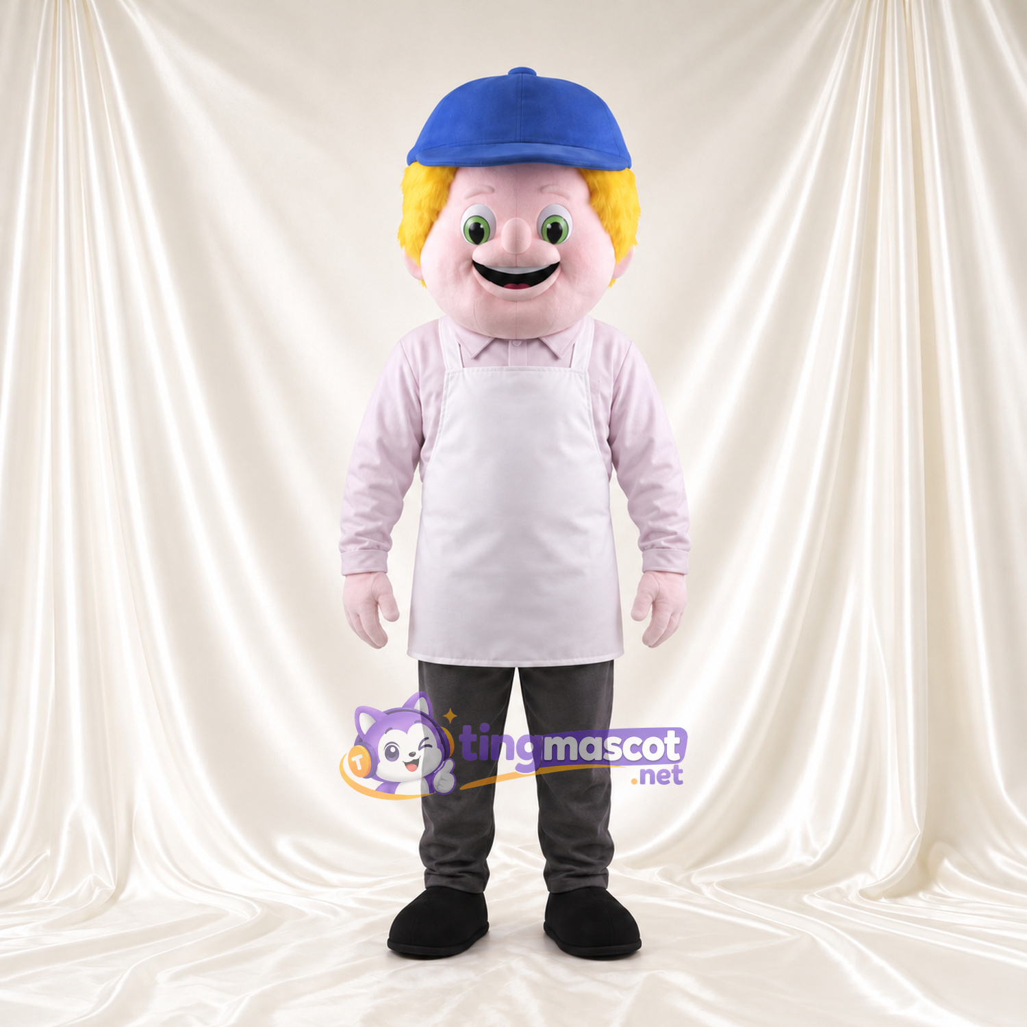 Costume de mascotte Garçon blond – selon la photo – Casquette (bleu); Tablier (blanc) Costume de mascotte Garçon blond – selon la photo – Casquette (bleu); Tablier (blanc)