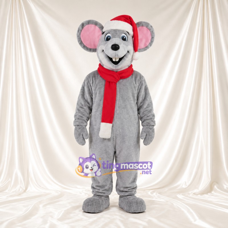 Costume de mascotte Souris – gris – Bonnet de Noël; Écharpe (rouge)