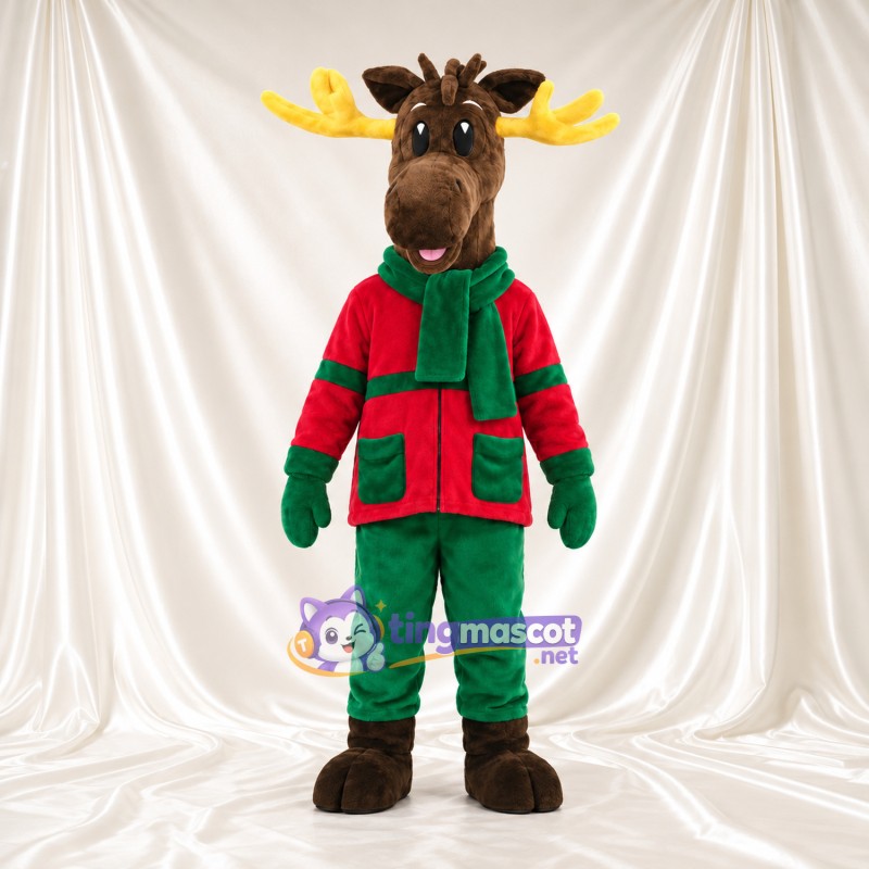 Brown Moose Mascot Costume - Red-Green Jacket and Green Scarf Brown Moose Mascot Costume - Red-Green Jacket and Green Scarf