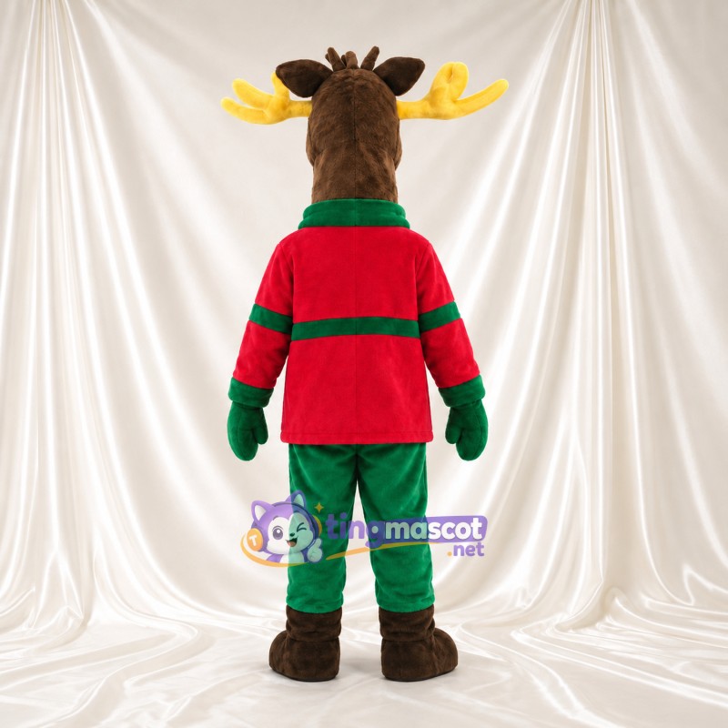 Brown Moose Mascot Costume - Red-Green Jacket and Green Scarf Brown Moose Mascot Costume - Red-Green Jacket and Green Scarf