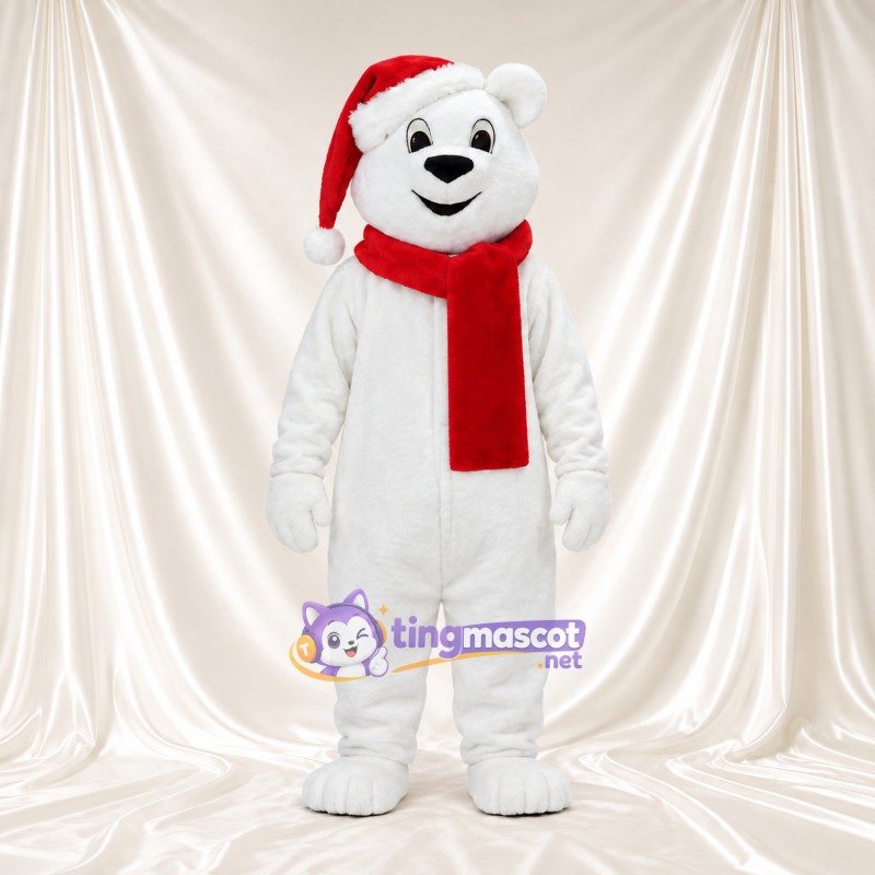 Costume de mascotte Ours polaire – blanc – Bonnet de Noël; Écharpe (rouge)