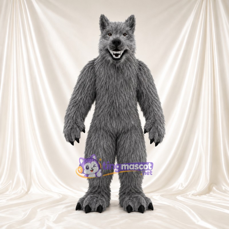Maskottchenkostüm Werwolf – grau – Fell (lang); Füße (groß) Maskottchenkostüm Werwolf – grau – Fell (lang); Füße (groß)