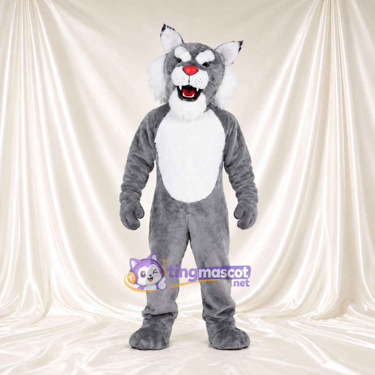 Costume de mascotte Chat sauvage – gris – Nez (rouge); Joues (hirsute, blanc) Costume de mascotte Chat sauvage – gris – Nez (rouge); Joues (hirsute, blanc)