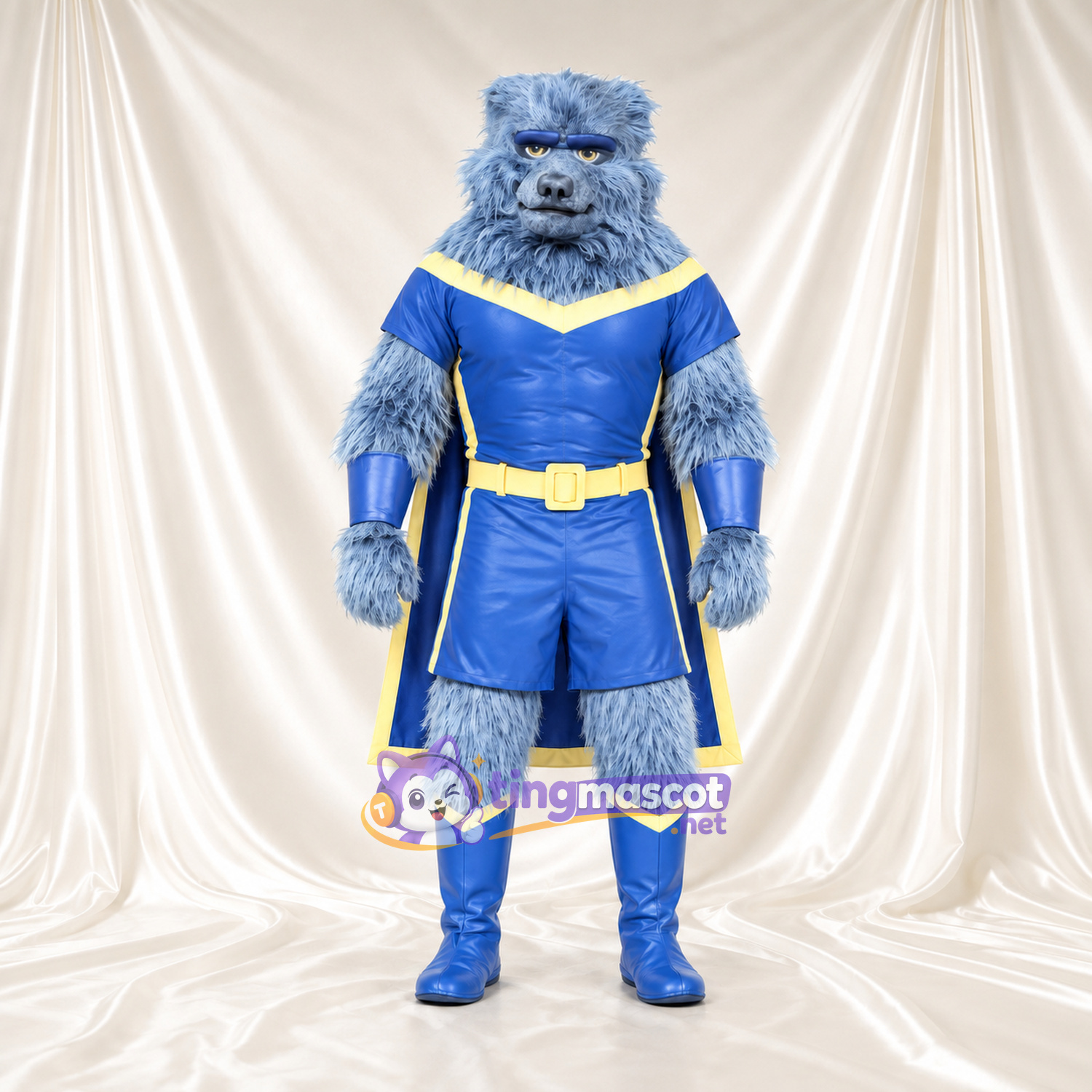 Costume de mascotte Gorille – bleu – Costume (bleu); Cape (jaune); Bordure Costume de mascotte Gorille – bleu – Costume (bleu); Cape (jaune); Bordure