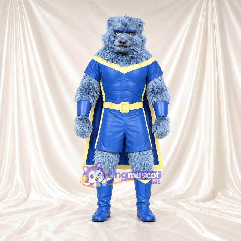 Costume de mascotte Gorille – bleu – Costume (bleu); Cape (jaune); Bordure Costume de mascotte Gorille – bleu – Costume (bleu); Cape (jaune); Bordure