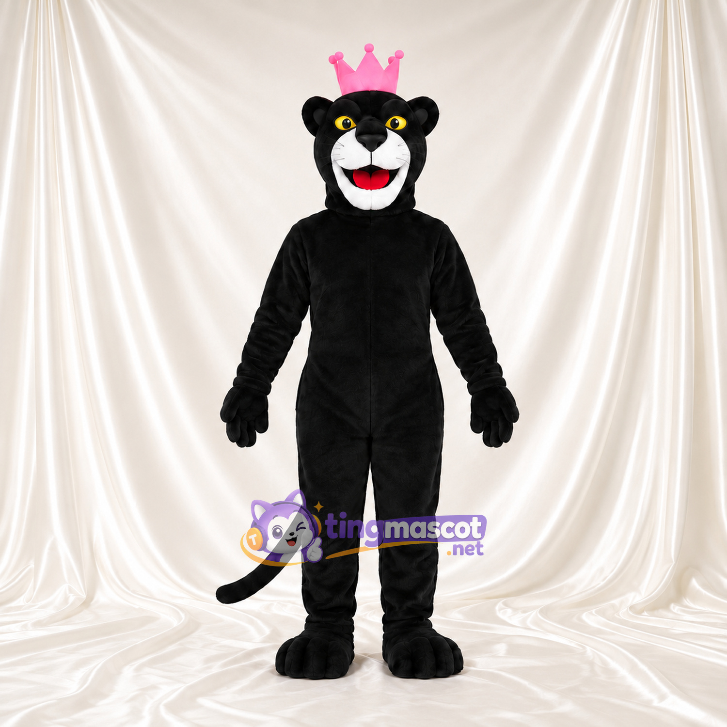 Black Panther King Mascot Costume - Pink Crown and White Muzzle Black Panther King Mascot Costume - Pink Crown and White Muzzle