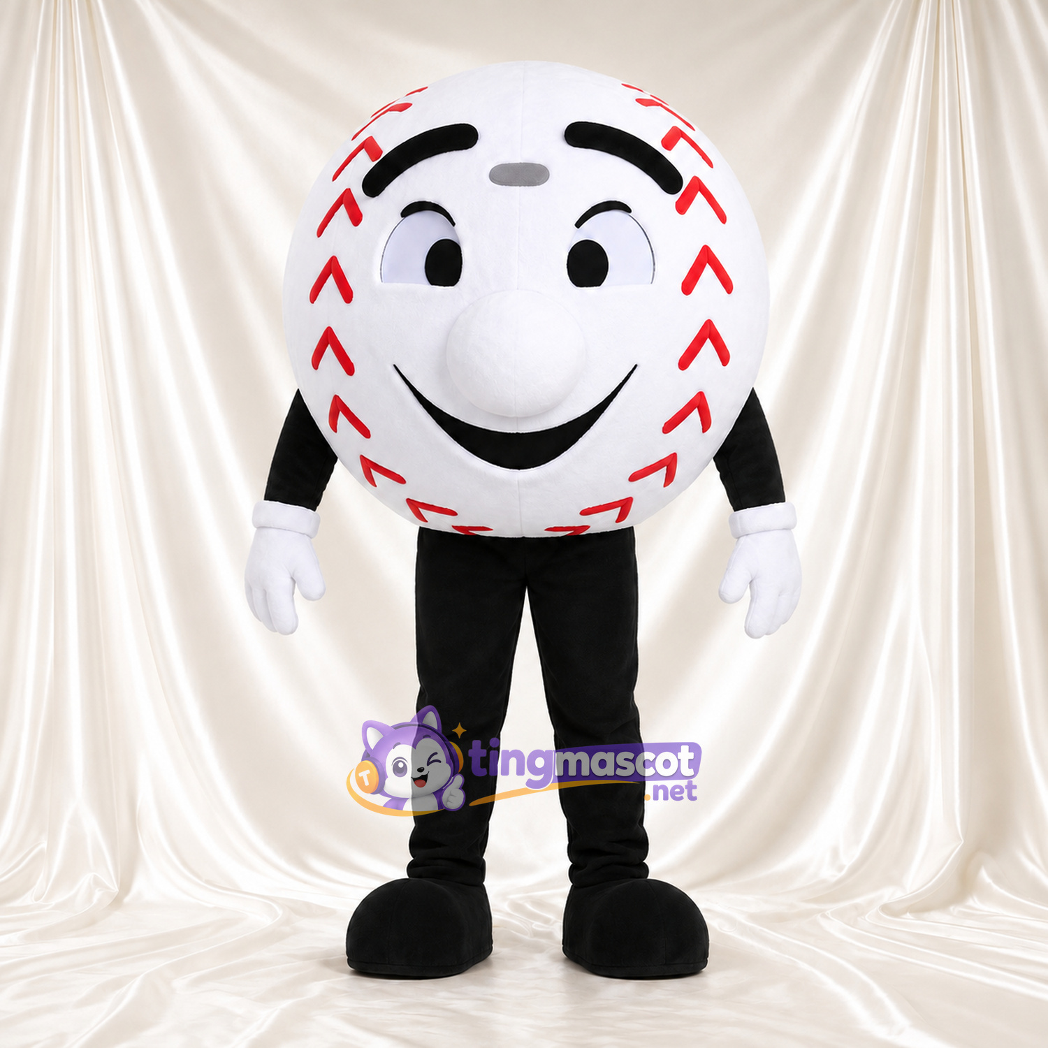 Costume de mascotte Balle de baseball – selon la photo – Visage souriant; Membres (noir) Costume de mascotte Balle de baseball – selon la photo – Visage souriant; Membres (noir)