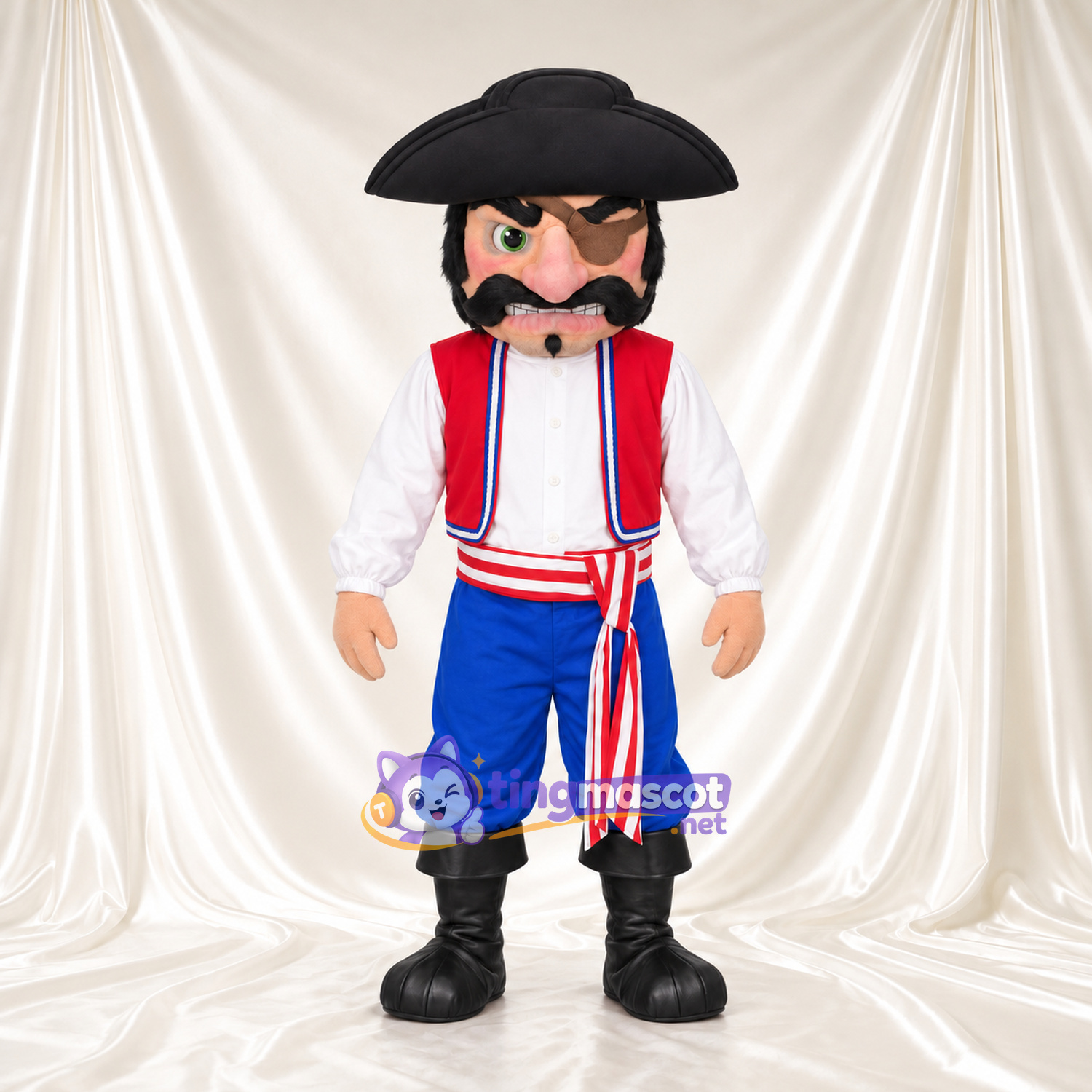 Maskottchenkostüm Pirat – wie abgebildet – Dreispitz (schwarz); Hose (blau) Maskottchenkostüm Pirat – wie abgebildet – Dreispitz (schwarz); Hose (blau)