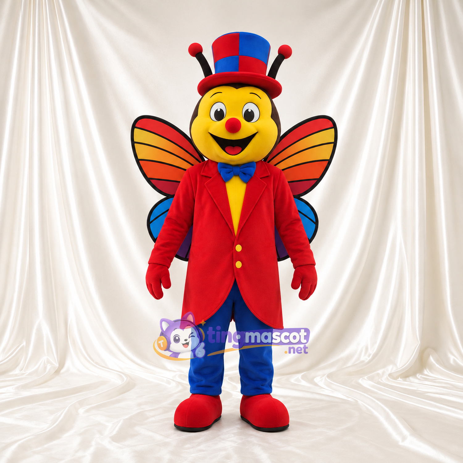 Butterfly Ringmaster Mascot Costume - Red Tailcoat and Colorful Top Hat Butterfly Ringmaster Mascot Costume - Red Tailcoat and Colorful Top Hat