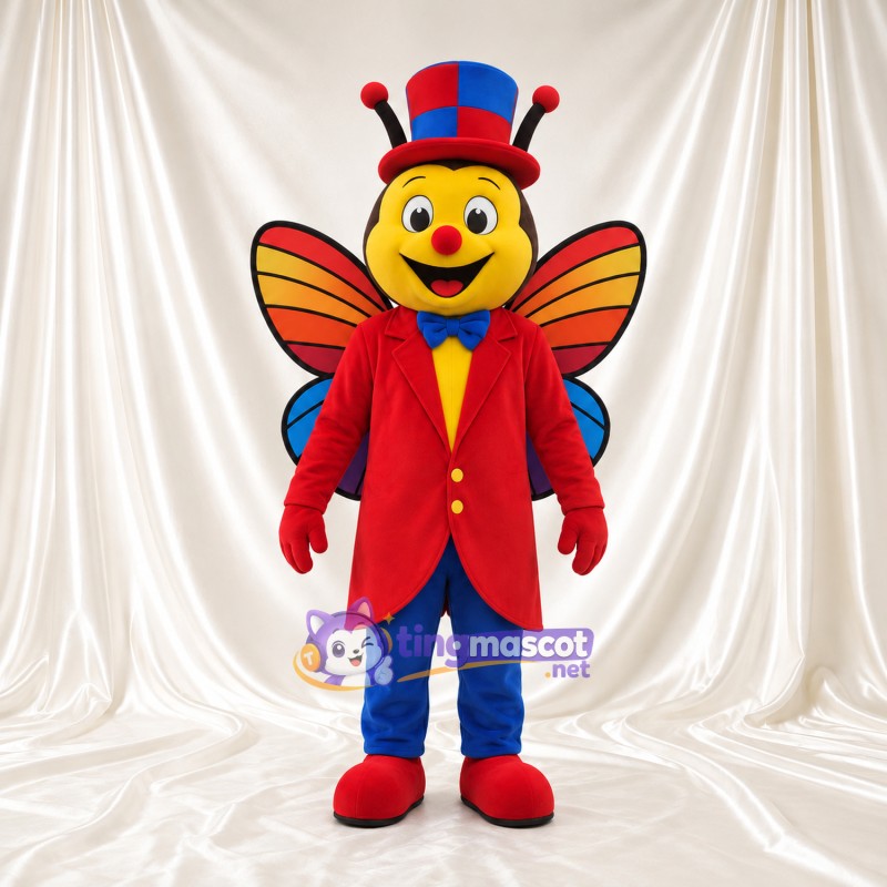 Butterfly Ringmaster Mascot Costume - Red Tailcoat and Colorful Top Hat Butterfly Ringmaster Mascot Costume - Red Tailcoat and Colorful Top Hat
