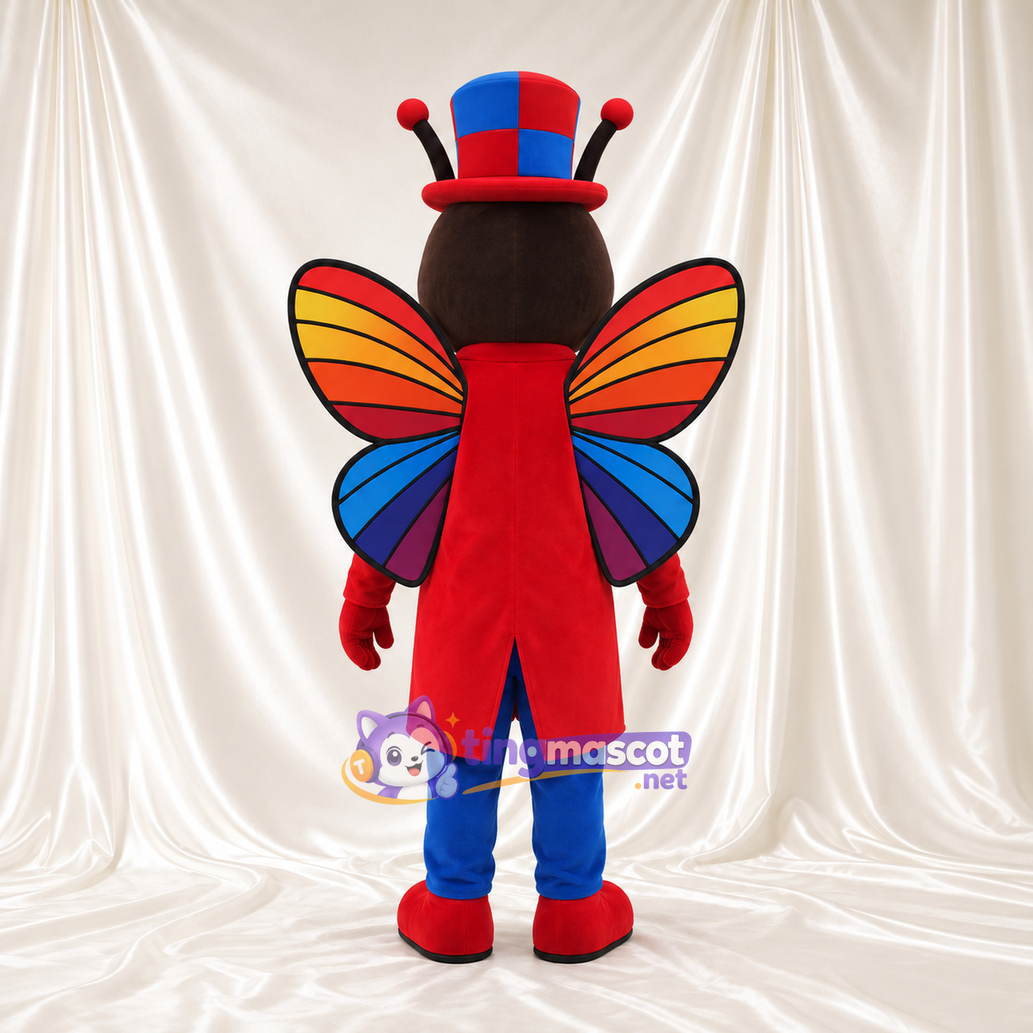 Butterfly Ringmaster Mascot Costume - Red Tailcoat and Colorful Top Hat Butterfly Ringmaster Mascot Costume - Red Tailcoat and Colorful Top Hat