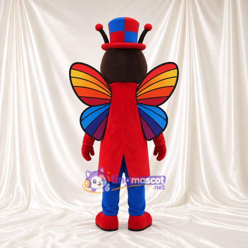 Butterfly Ringmaster Mascot Costume - Red Tailcoat and Colorful Top Hat Butterfly Ringmaster Mascot Costume - Red Tailcoat and Colorful Top Hat