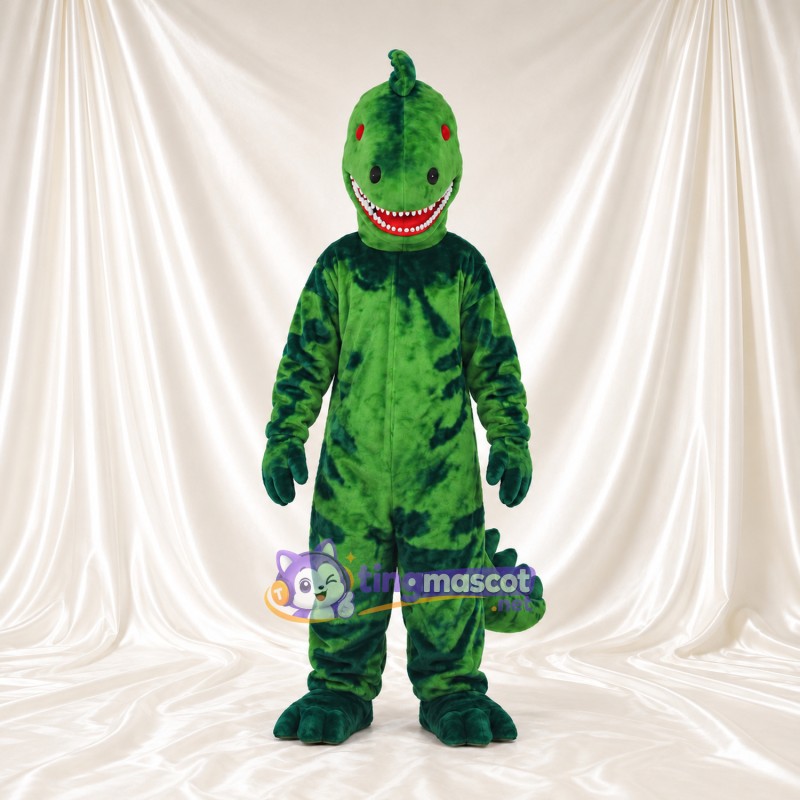 Costume de mascotte Dinosaure – vert – Rayures (moucheté); Sourire avec dents Costume de mascotte Dinosaure – vert – Rayures (moucheté); Sourire avec dents
