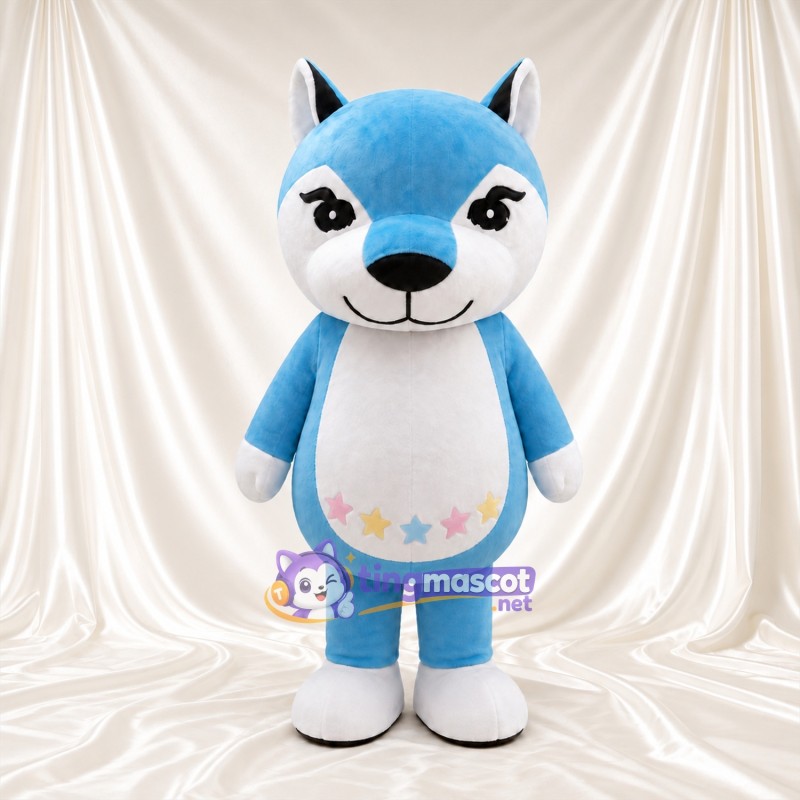 Costume de mascotte Loup – bleu – Étoile (pastel); Ventre; Pattes (blanc) Costume de mascotte Loup – bleu – Étoile (pastel); Ventre; Pattes (blanc)