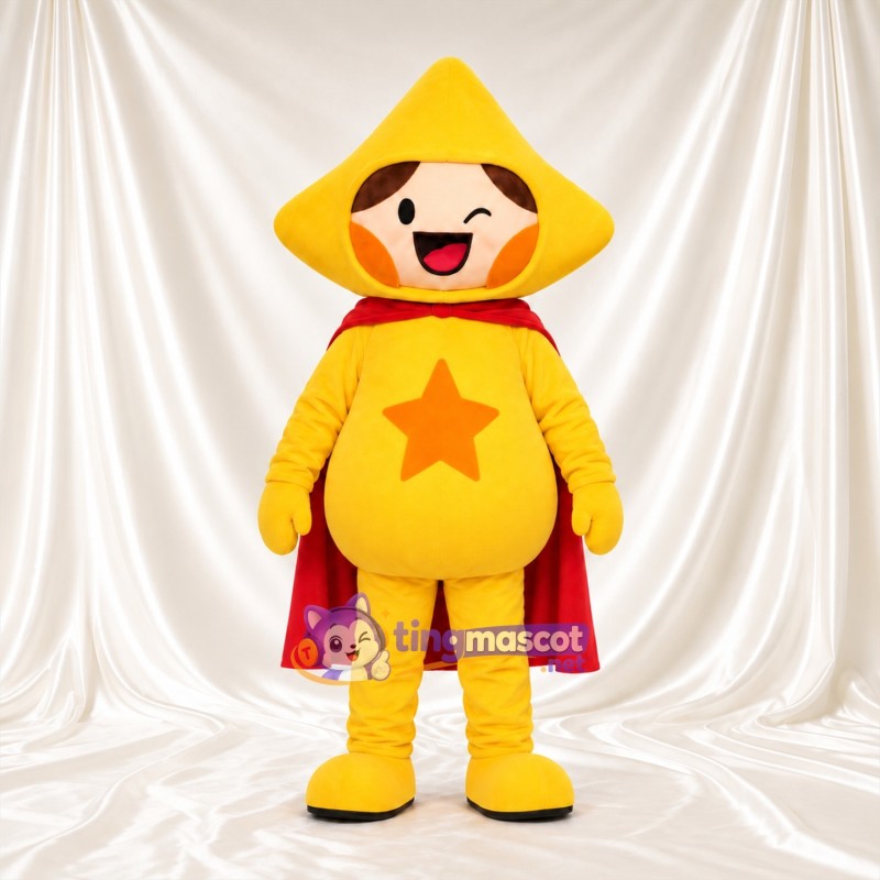 Gelbes Stern-Superheld-Maskottchenkostüm – roter Umhang und orangefarbener Bruststern Gelbes Stern-Superheld-Maskottchenkostüm – roter Umhang und orangefarbener Bruststern