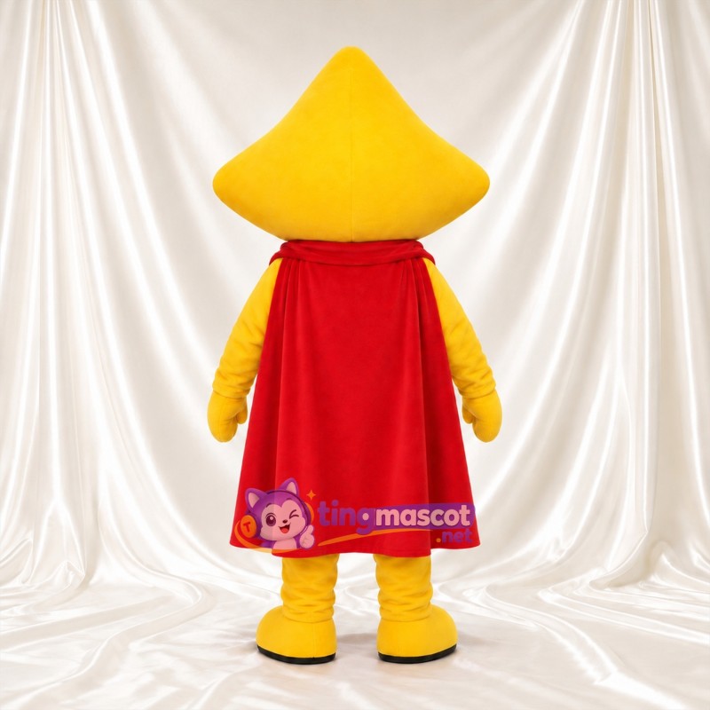 Gelbes Stern-Superheld-Maskottchenkostüm – roter Umhang und orangefarbener Bruststern Gelbes Stern-Superheld-Maskottchenkostüm – roter Umhang und orangefarbener Bruststern