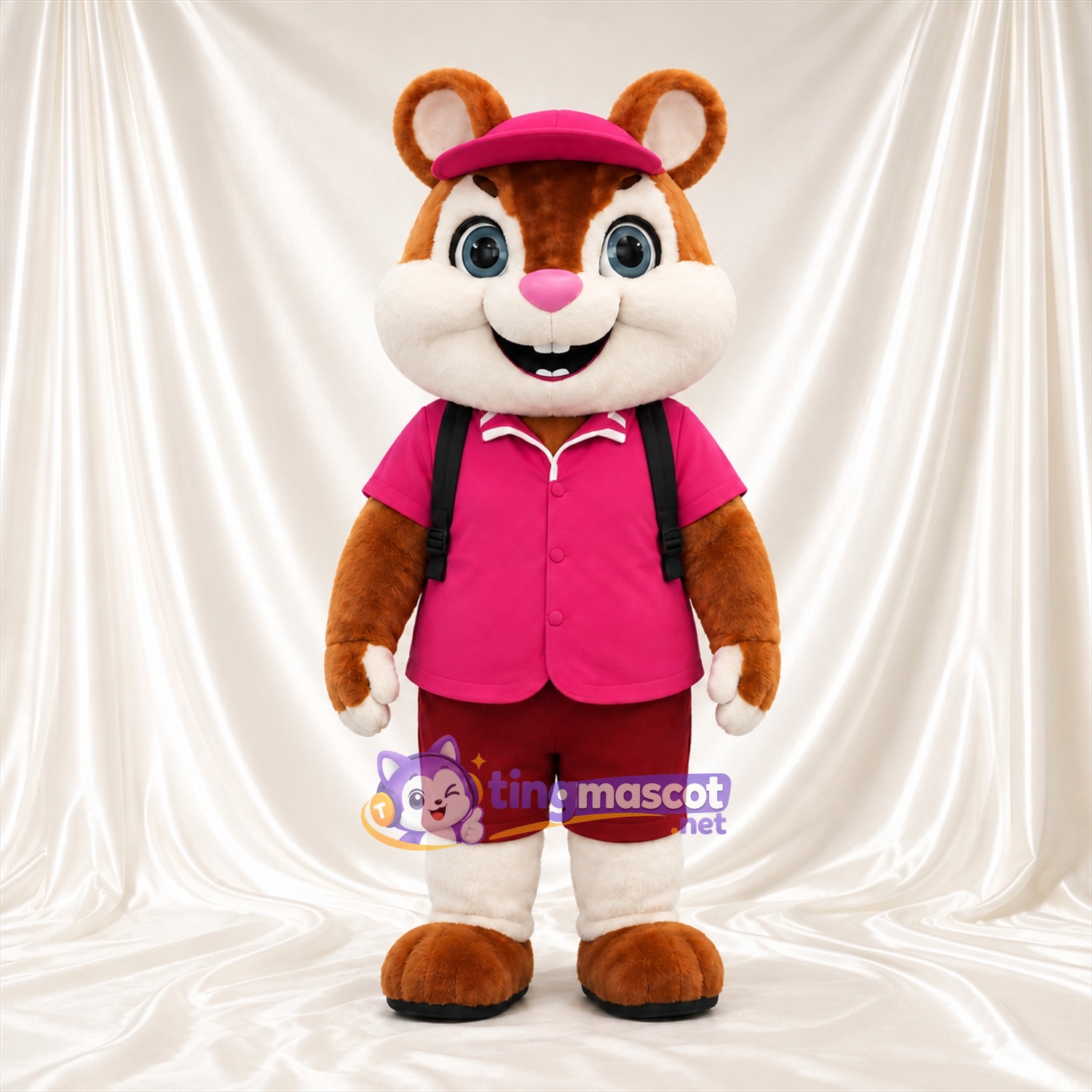 Brown Chipmunk Mascot Costume - Pink Polo Shirt and Red Shorts Brown Chipmunk Mascot Costume - Pink Polo Shirt and Red Shorts