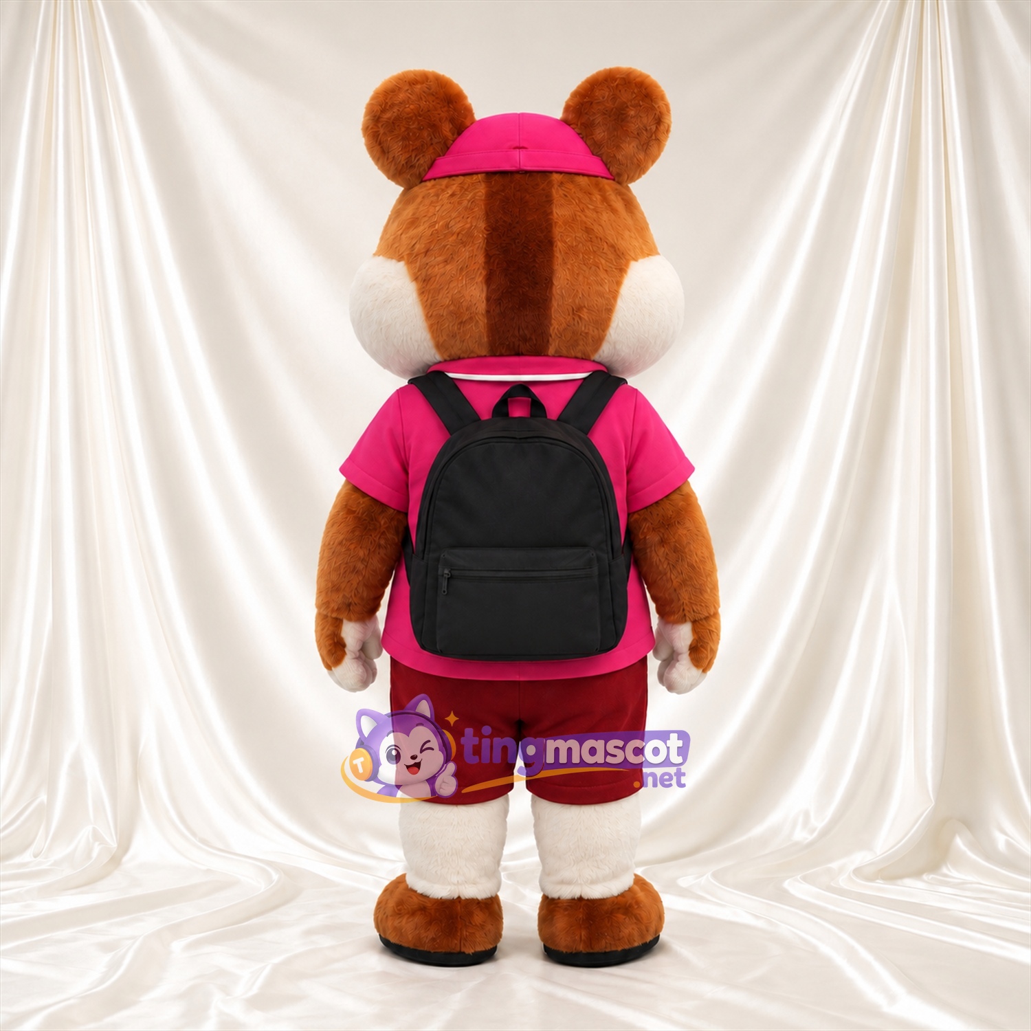 Brown Chipmunk Mascot Costume - Pink Polo Shirt and Red Shorts Brown Chipmunk Mascot Costume - Pink Polo Shirt and Red Shorts