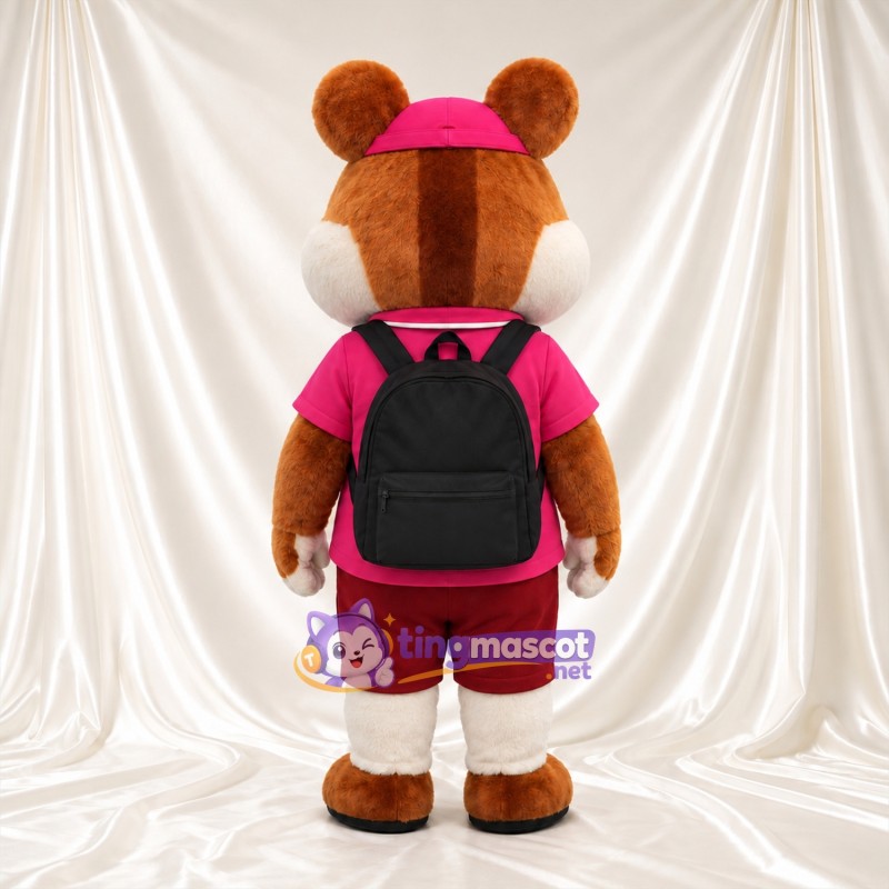 Brown Chipmunk Mascot Costume - Pink Polo Shirt and Red Shorts Brown Chipmunk Mascot Costume - Pink Polo Shirt and Red Shorts