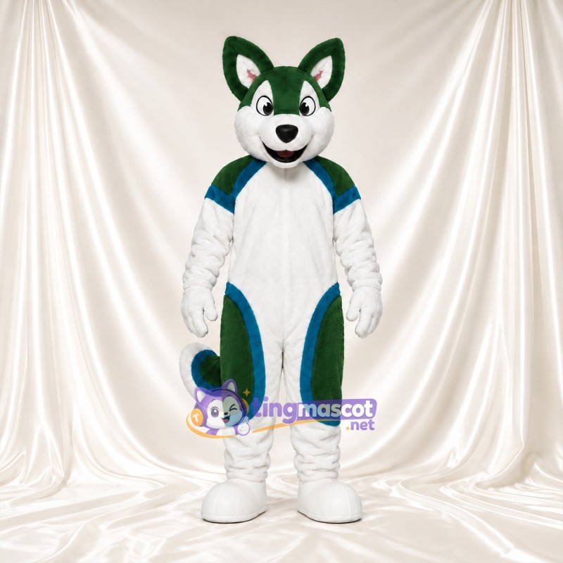 Costume de mascotte Loup – vert / blanc – Touches de couleur (bleu) Costume de mascotte Loup – vert / blanc – Touches de couleur (bleu)