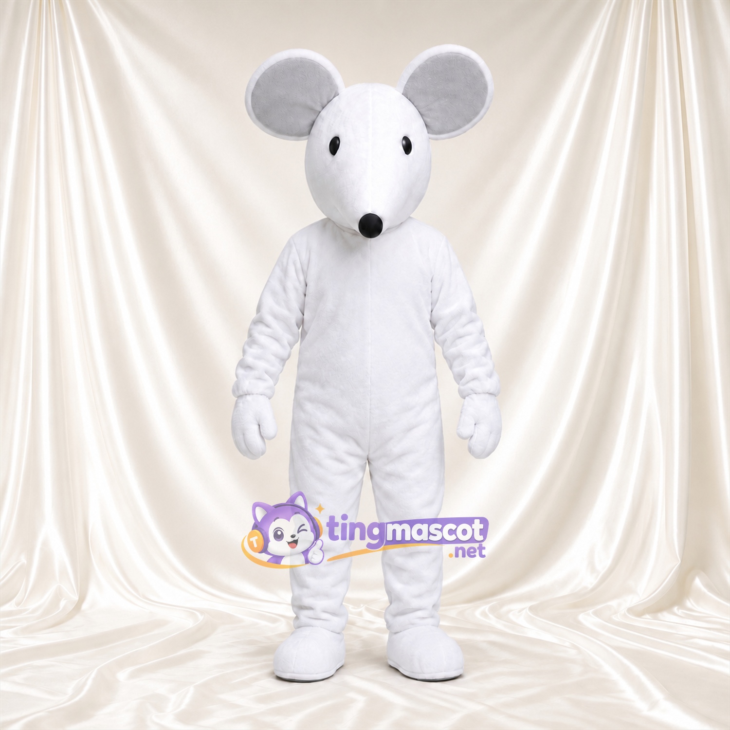 Costume de mascotte Souris – blanc – Museau allongé; Oreilles (rond, gris) Costume de mascotte Souris – blanc – Museau allongé; Oreilles (rond, gris)