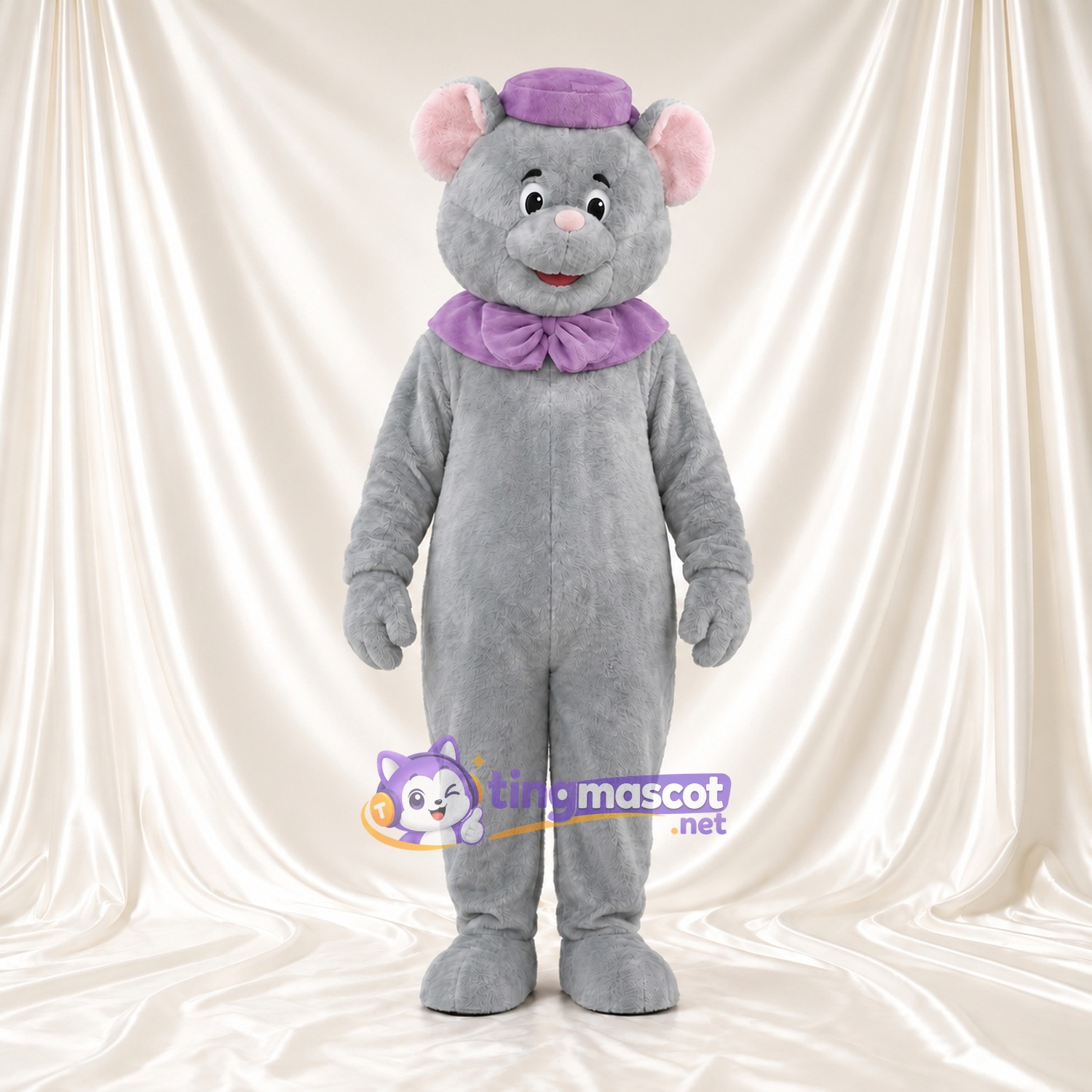 Costume de mascotte Souris – gris – Chapeau (violet); Col à volants Costume de mascotte Souris – gris – Chapeau (violet); Col à volants