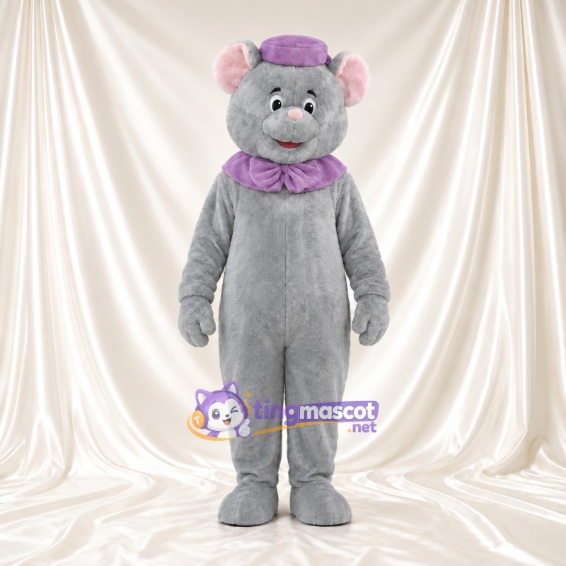 Costume de mascotte Souris – gris – Chapeau (violet); Col à volants