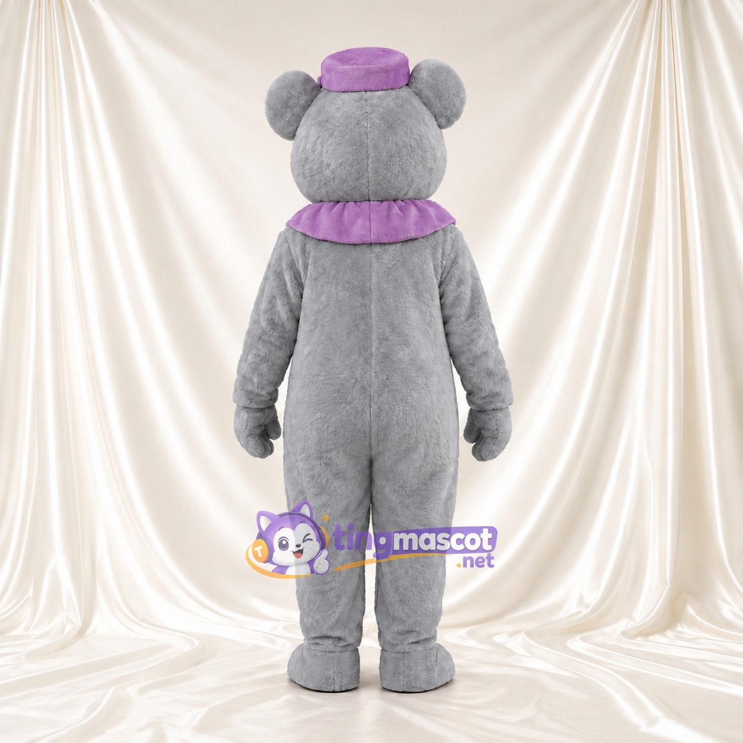 Costume de mascotte Souris – gris – Chapeau (violet); Col à volants Costume de mascotte Souris – gris – Chapeau (violet); Col à volants