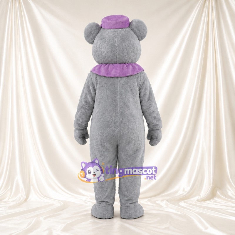 Costume de mascotte Souris – gris – Chapeau (violet); Col à volants Costume de mascotte Souris – gris – Chapeau (violet); Col à volants
